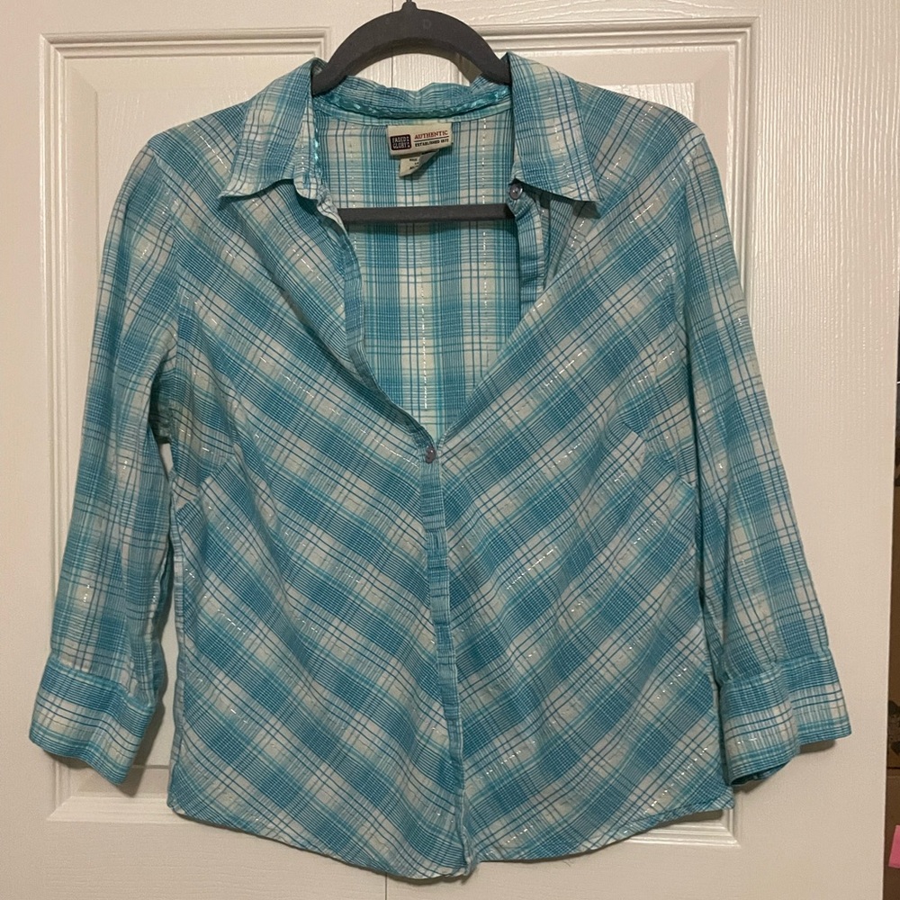Faded Glory Plaid Shirt 3/4 sleeves Teal & White